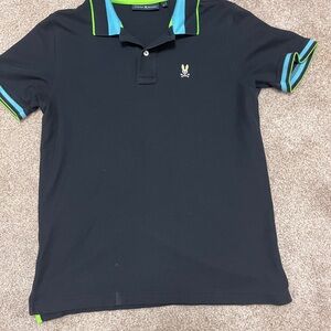 Psycho Bunny Black and Blue Polo Shirt with Striped Trim